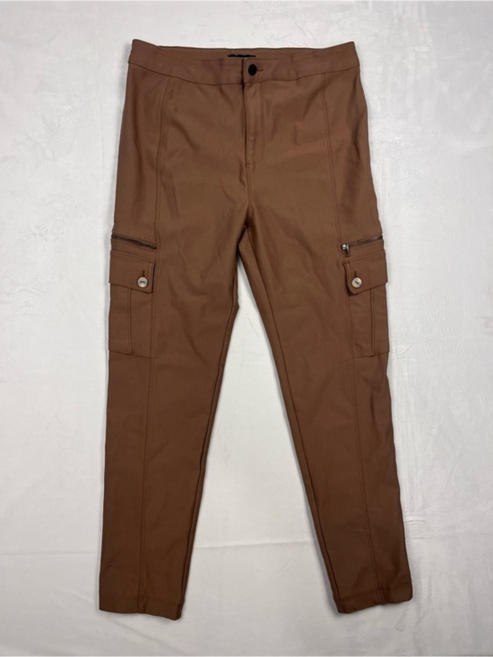 Simon Chang Faux Suede Utility Cargo Brown Skinny Pants Size 14